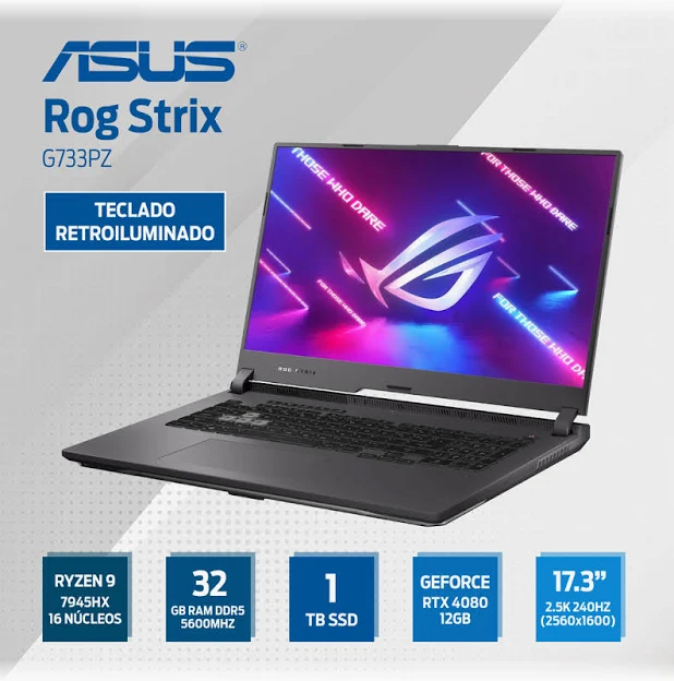 ASUS ROG Strix g733pz Ryzen 9 7945HX 16 Núcleos 17.3" 2.5K (2560x1600) WQHD IPS 240Hz RTX 4080 12GB Teclado Retroiluminado Refrigeración de metal líquido- art 10000095c2d4080