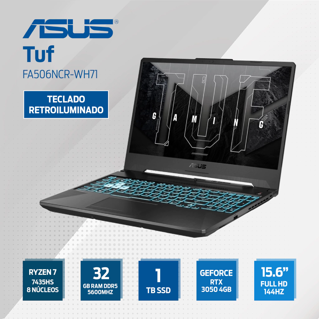 bajó usd50 ASUS TUF RYZEN 7 7435HS 8 NÚCLEOS 1TB 32GB 15.6” FHD 144HZ RTX 3050 4GB TECLADO RETROILUMINADO - art 10000079a