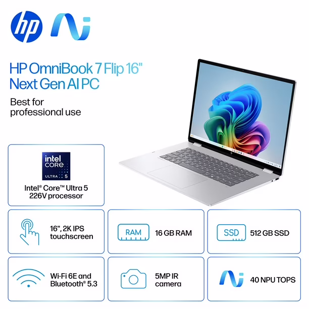 HP OMNIBOOK 7 FLIP 16AU-0055CL Ultra 5 226V  8core 16GB 1TB 16" IPS 2K TOUCHSCREEN SILVER -  art 10000106f8